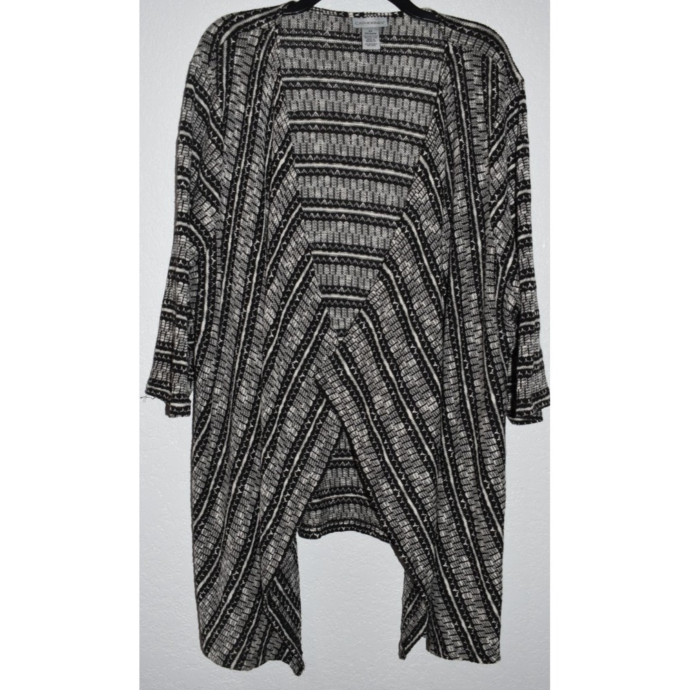 Catherines Cardigan 2X Open Front Lightweight Open Knit Black/White Half Sleeve